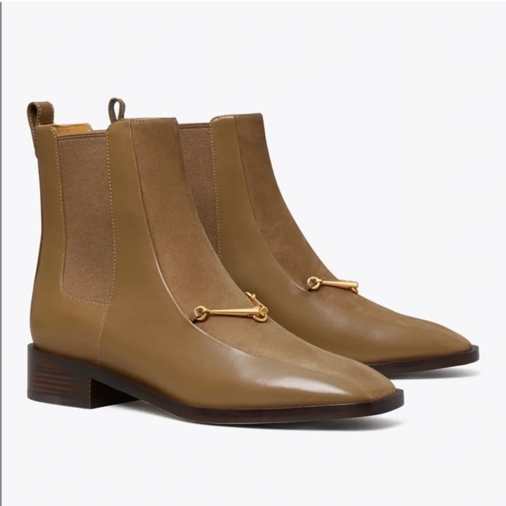 Tory Burch Chelsea Boot Equestrian Link Ankle Bootie in River Rock Suede Leather